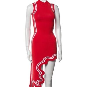 PH5 Red Sleeveless Asymmetric Ruffle Dress with White Trim
